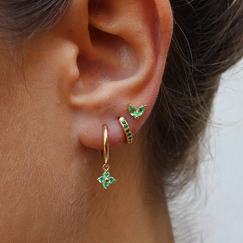 Exquisite 3-Piece Green Zircon Flower Dangle Earrings Set for Women