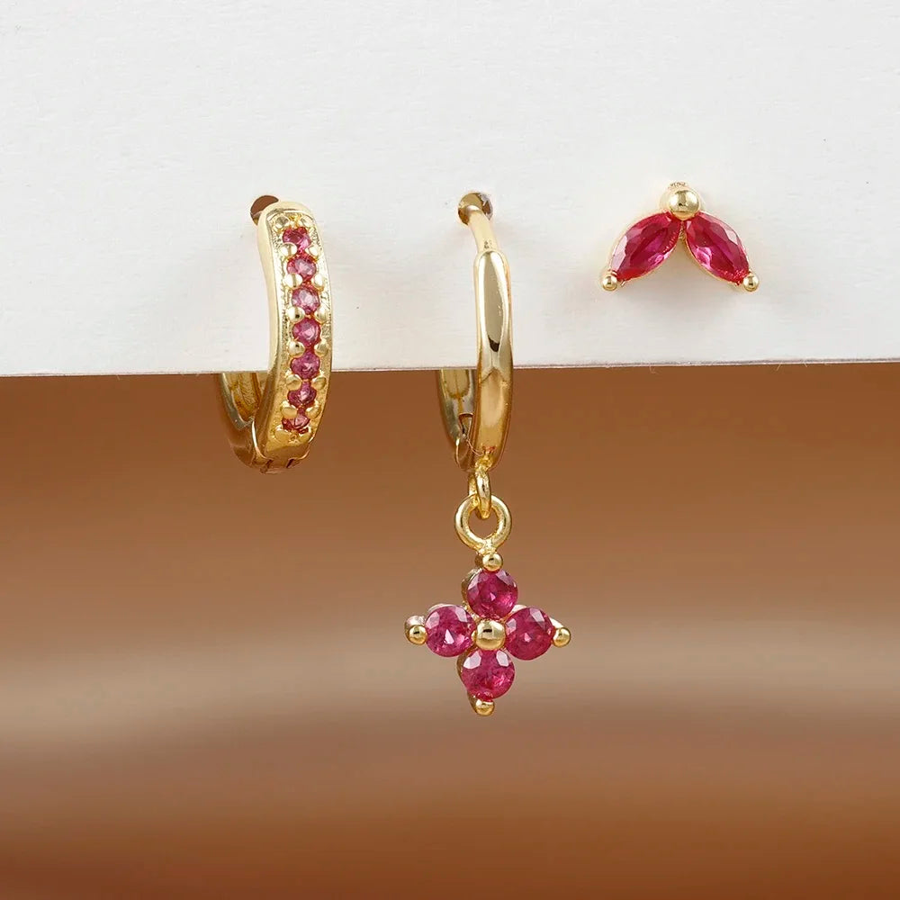 Exquisite 3-Piece Green Zircon Flower Dangle Earrings Set for Women
