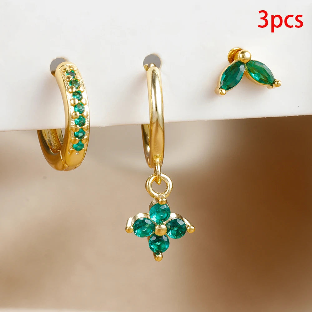 Exquisite 3-Piece Green Zircon Flower Dangle Earrings Set for Women
