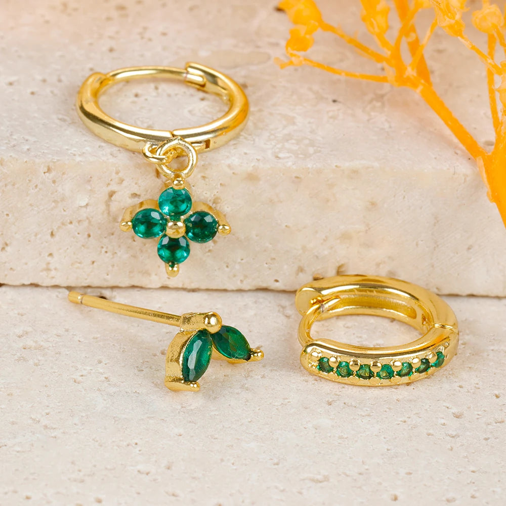 Exquisite 3-Piece Green Zircon Flower Dangle Earrings Set for Women