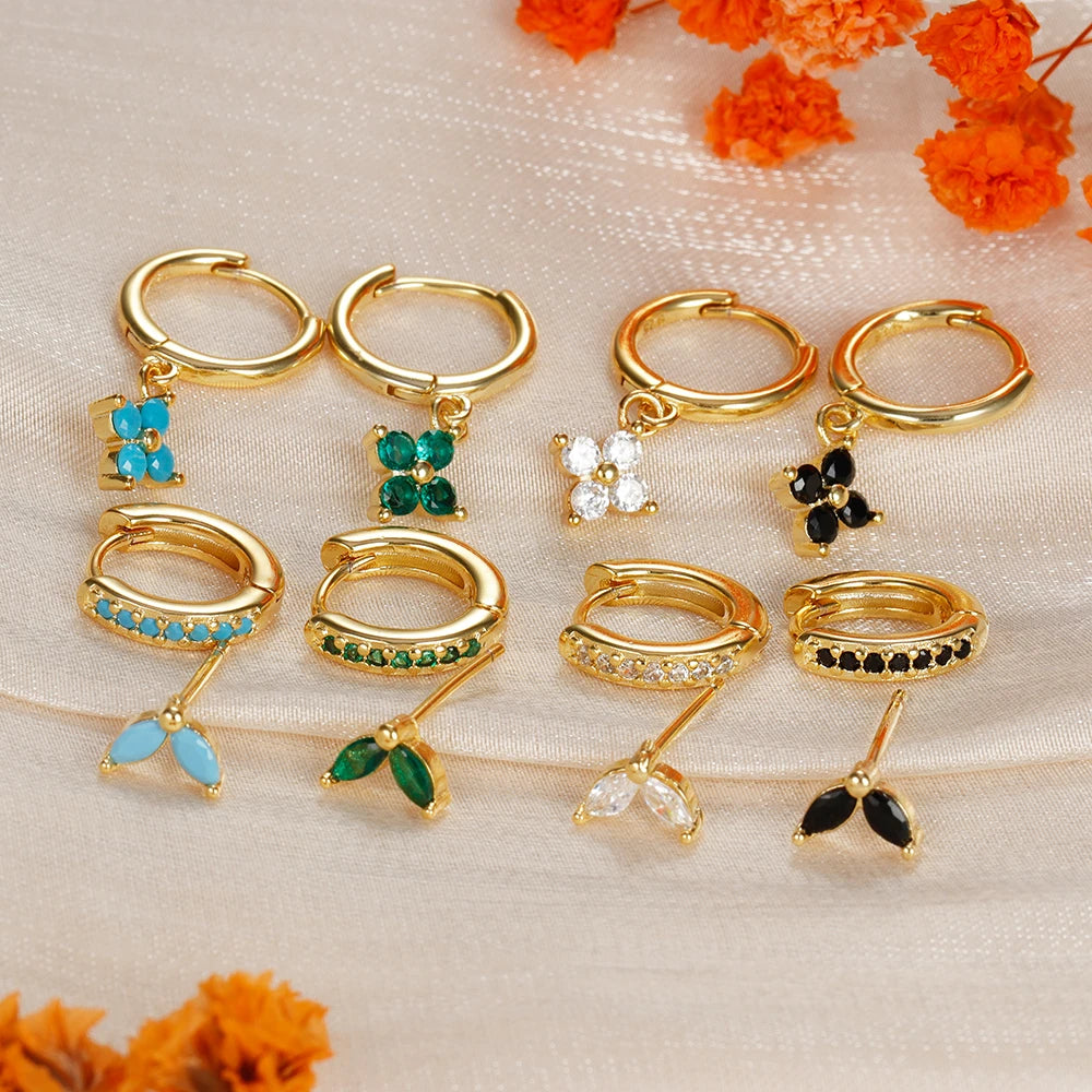 Exquisite 3-Piece Green Zircon Flower Dangle Earrings Set for Women