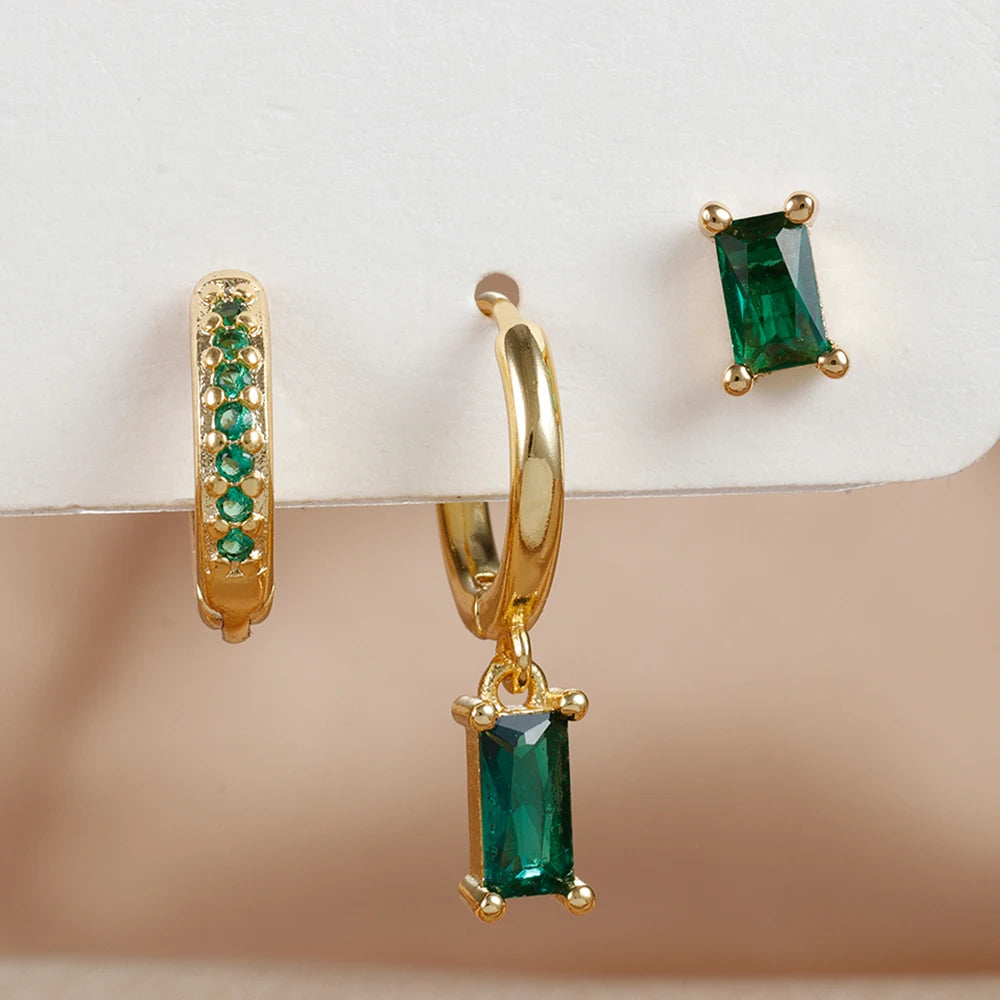 Exquisite 3-Piece Green Zircon Flower Dangle Earrings Set for Women