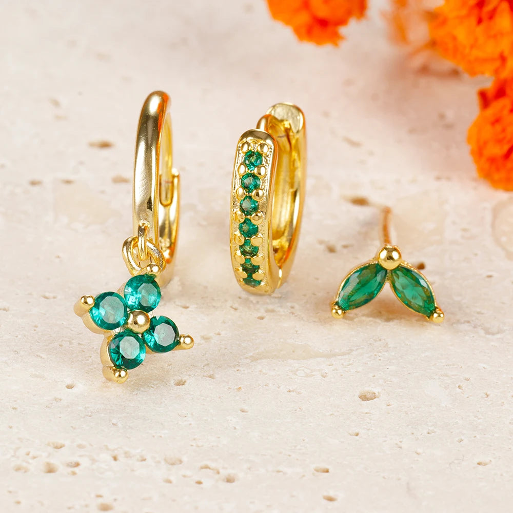 Exquisite 3-Piece Green Zircon Flower Dangle Earrings Set for Women