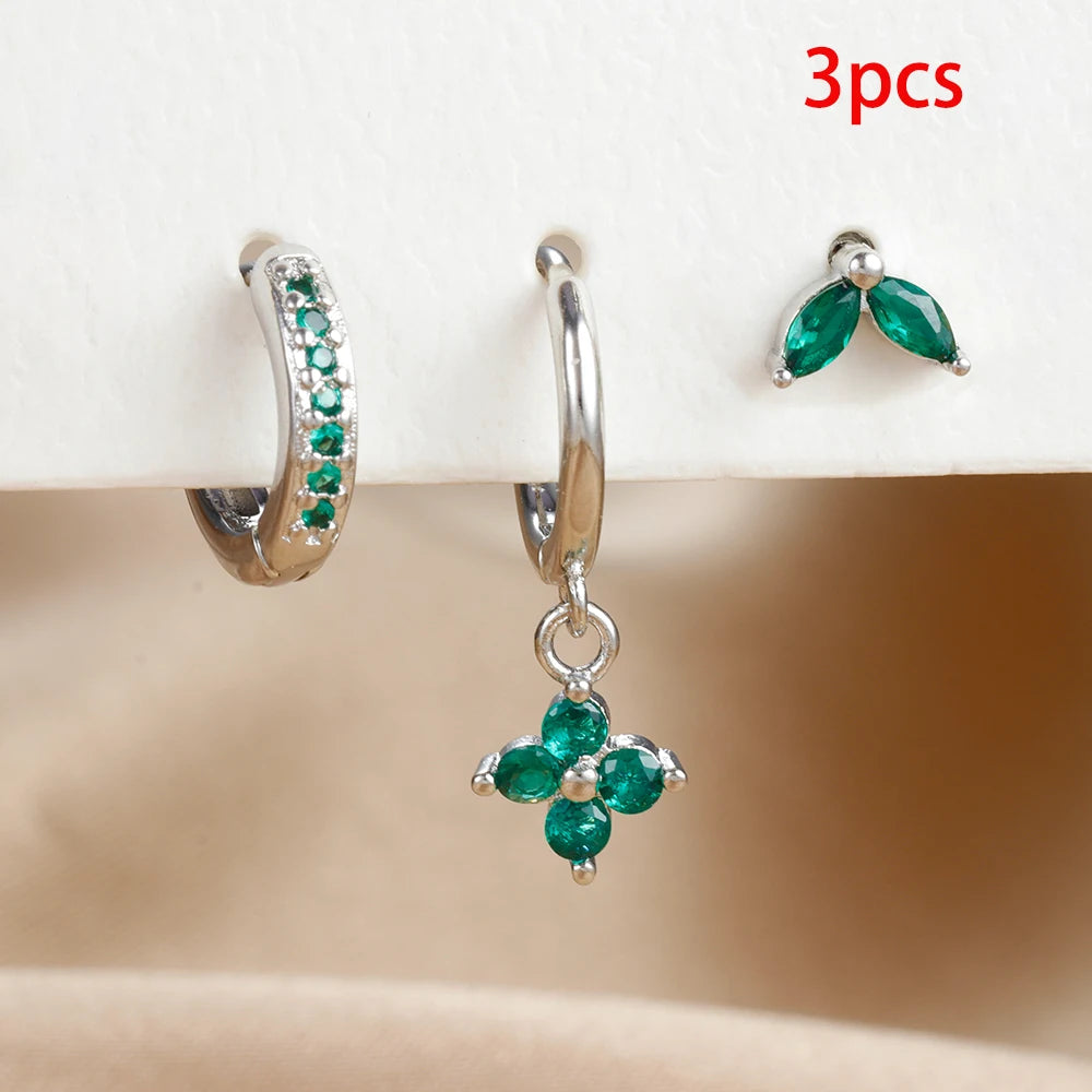 Exquisite 3-Piece Green Zircon Flower Dangle Earrings Set for Women