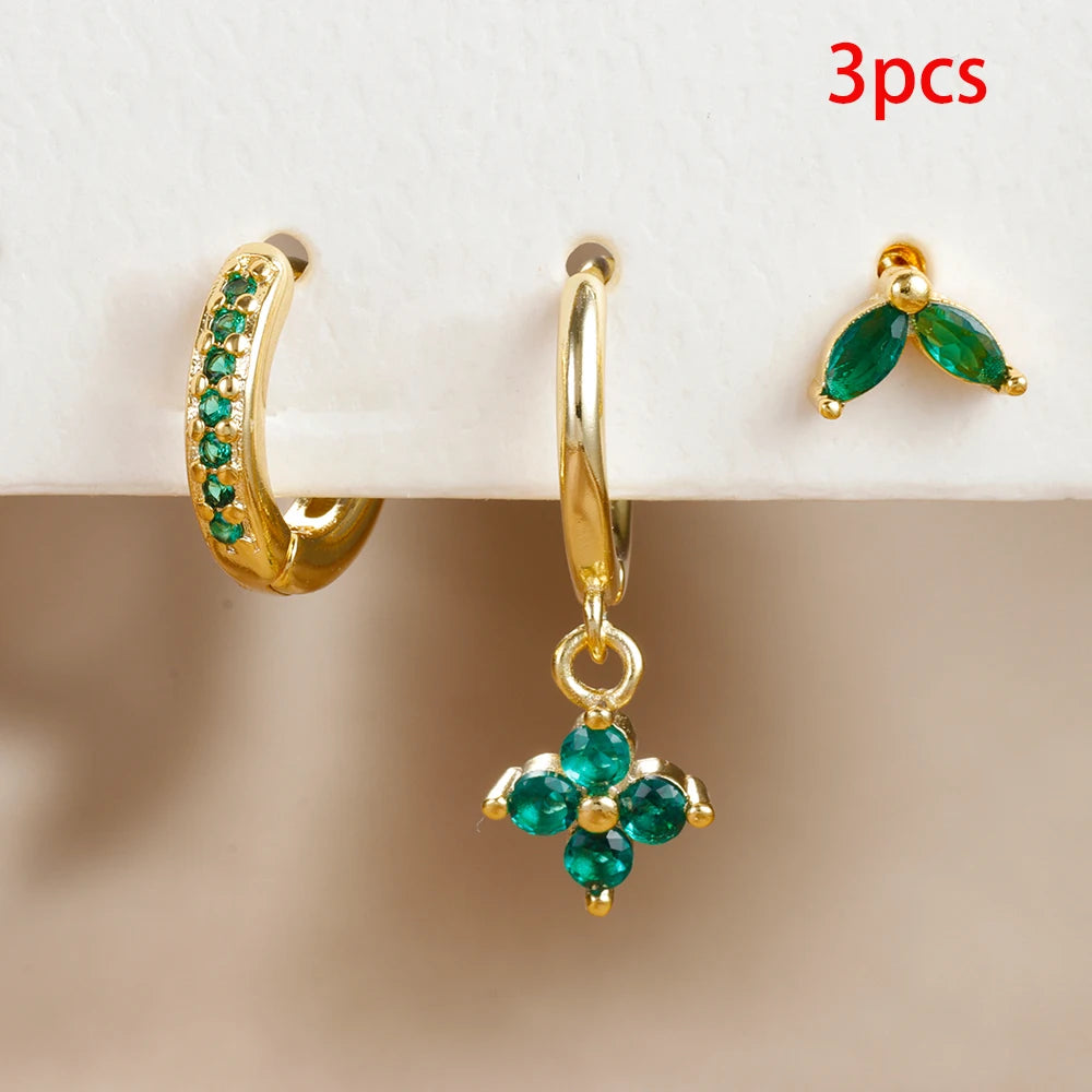 Exquisite 3-Piece Green Zircon Flower Dangle Earrings Set for Women